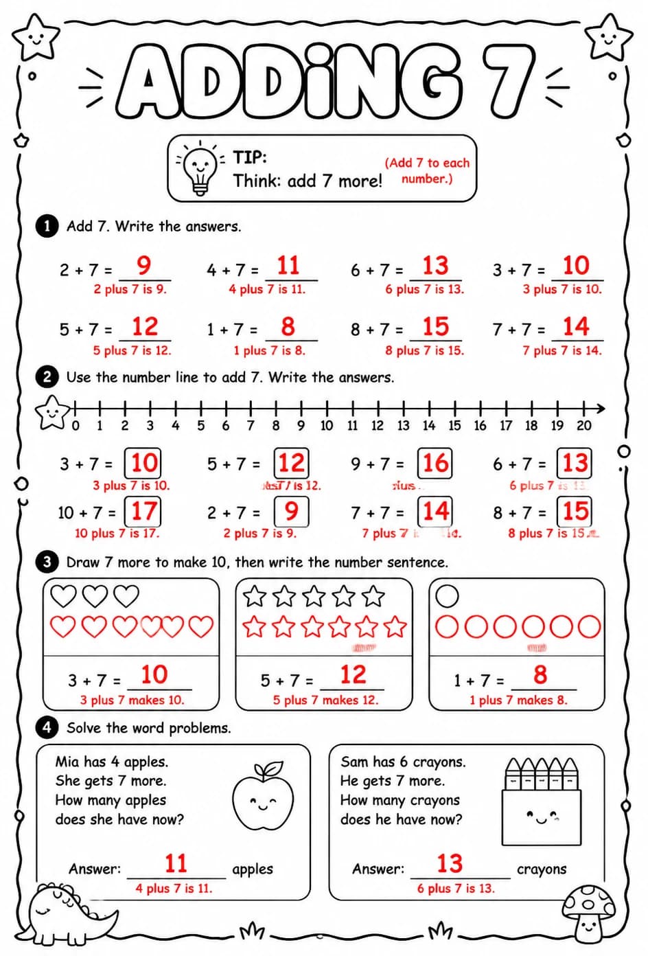 Answer key for Adding 7 — free printable Math worksheet