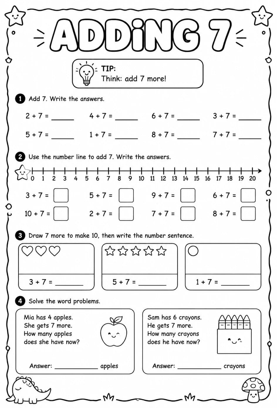 Adding 7 — free printable Grade 1 math worksheet