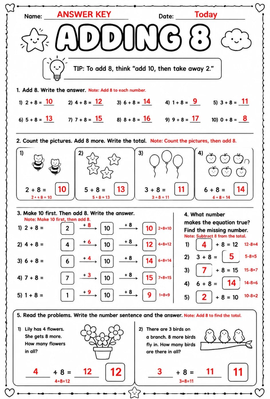 Answer key for Adding 8 — free printable Math worksheet