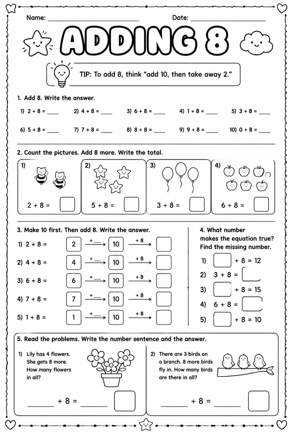 Adding 8 — free printable Grade 1 math worksheet