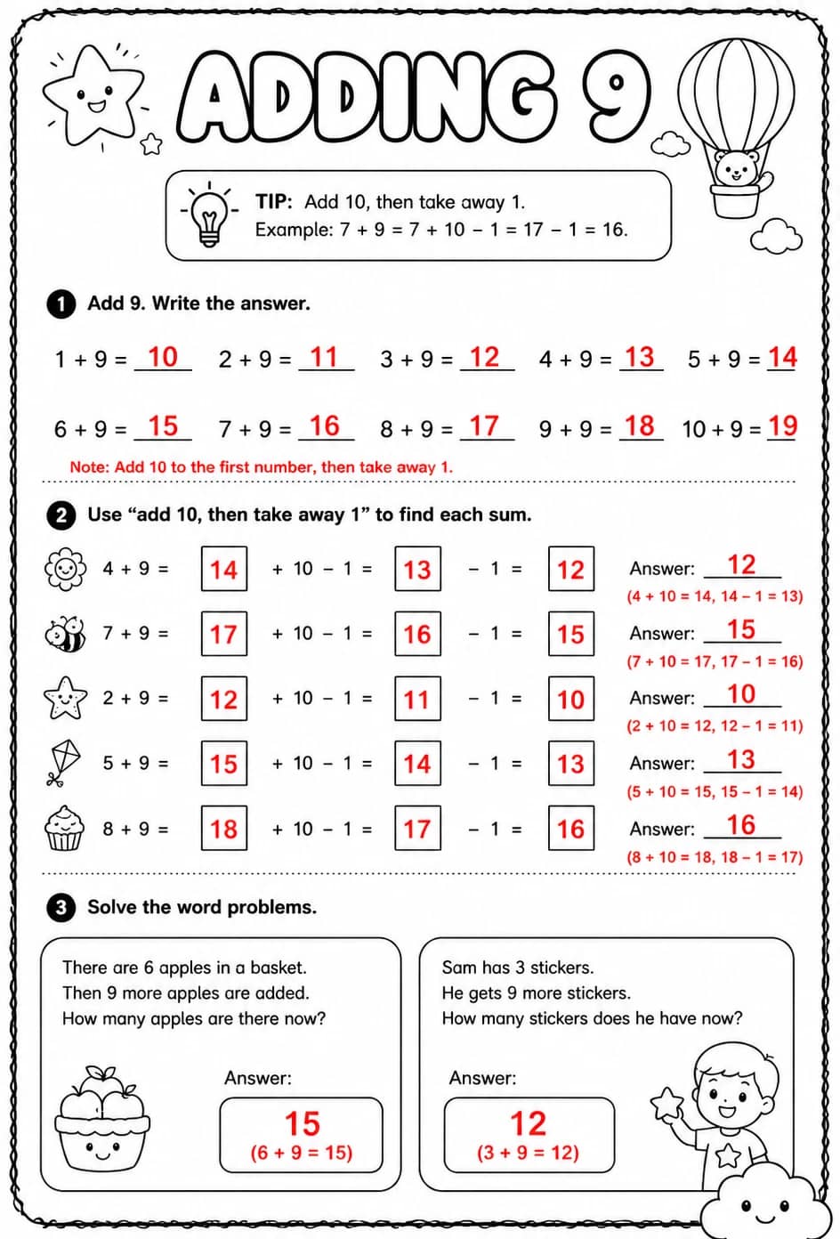 Answer key for Adding 9 — free printable Math worksheet