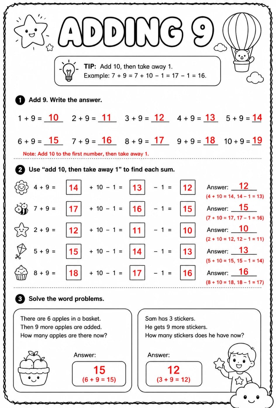 Answer key for Adding 9 — free printable Math worksheet
