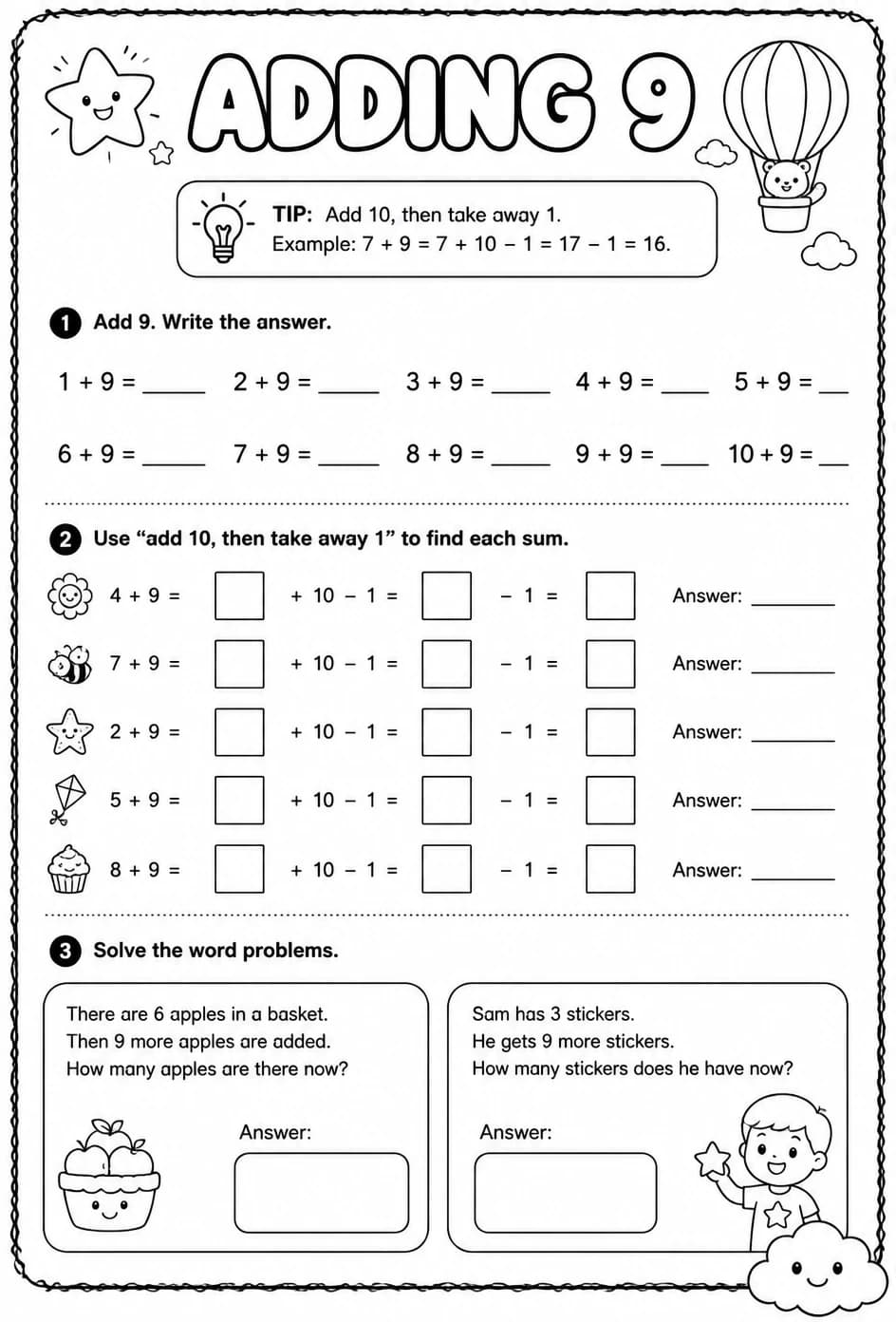 Adding 9 — free printable Grade 1 math worksheet