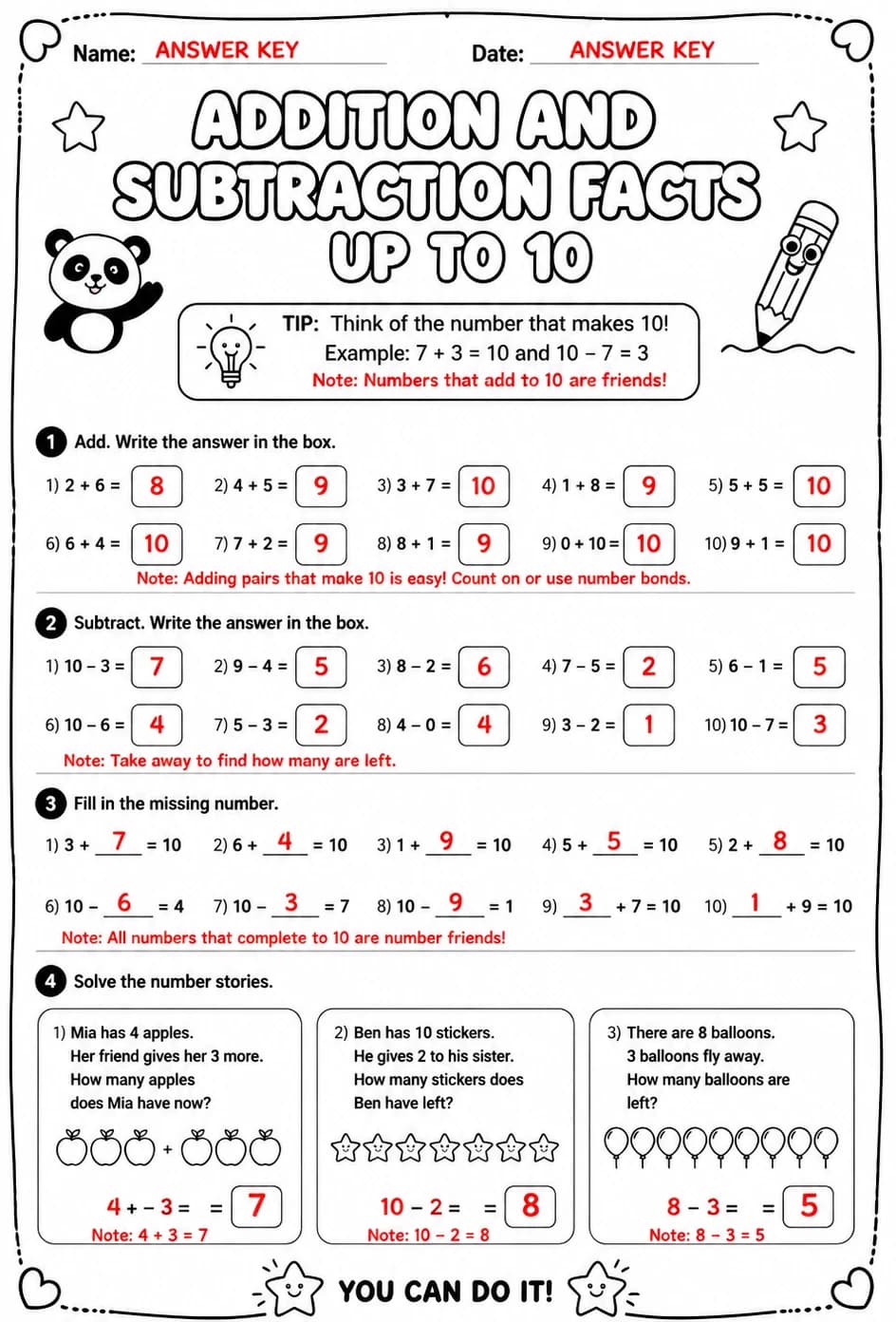 Answer key for Addition and subtraction facts - up to 10 — free printable Math worksheet