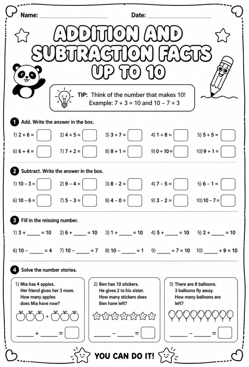 Addition and subtraction facts - up to 10 — free printable Grade 1 math worksheet