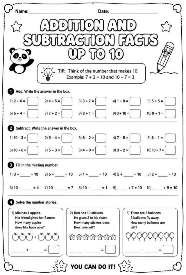 Addition and subtraction facts - up to 10