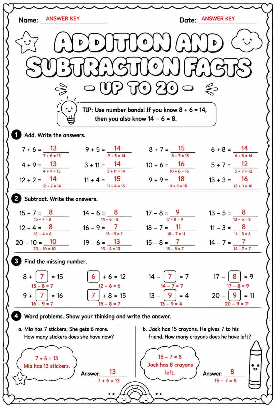 Answer key for Addition and subtraction facts - up to 20 — free printable Math worksheet
