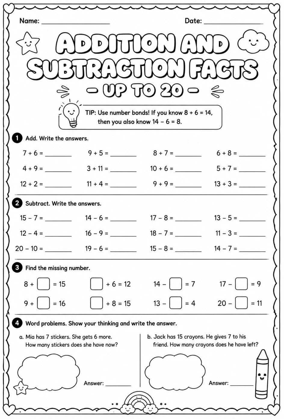 Addition and subtraction facts - up to 20 — free printable Grade 1 math worksheet