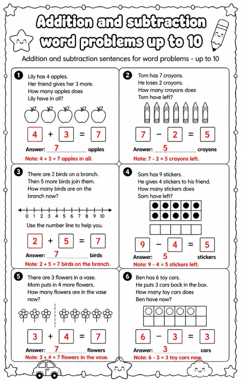 Answer key for Addition and subtraction sentences for word problems - up to 10 — free printable Math worksheet