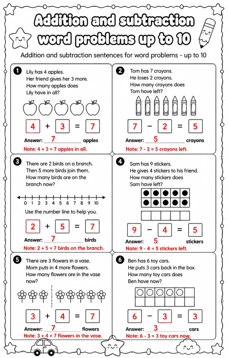 Answer key for Addition and subtraction sentences for word problems - up to 10 — free printable Math worksheet