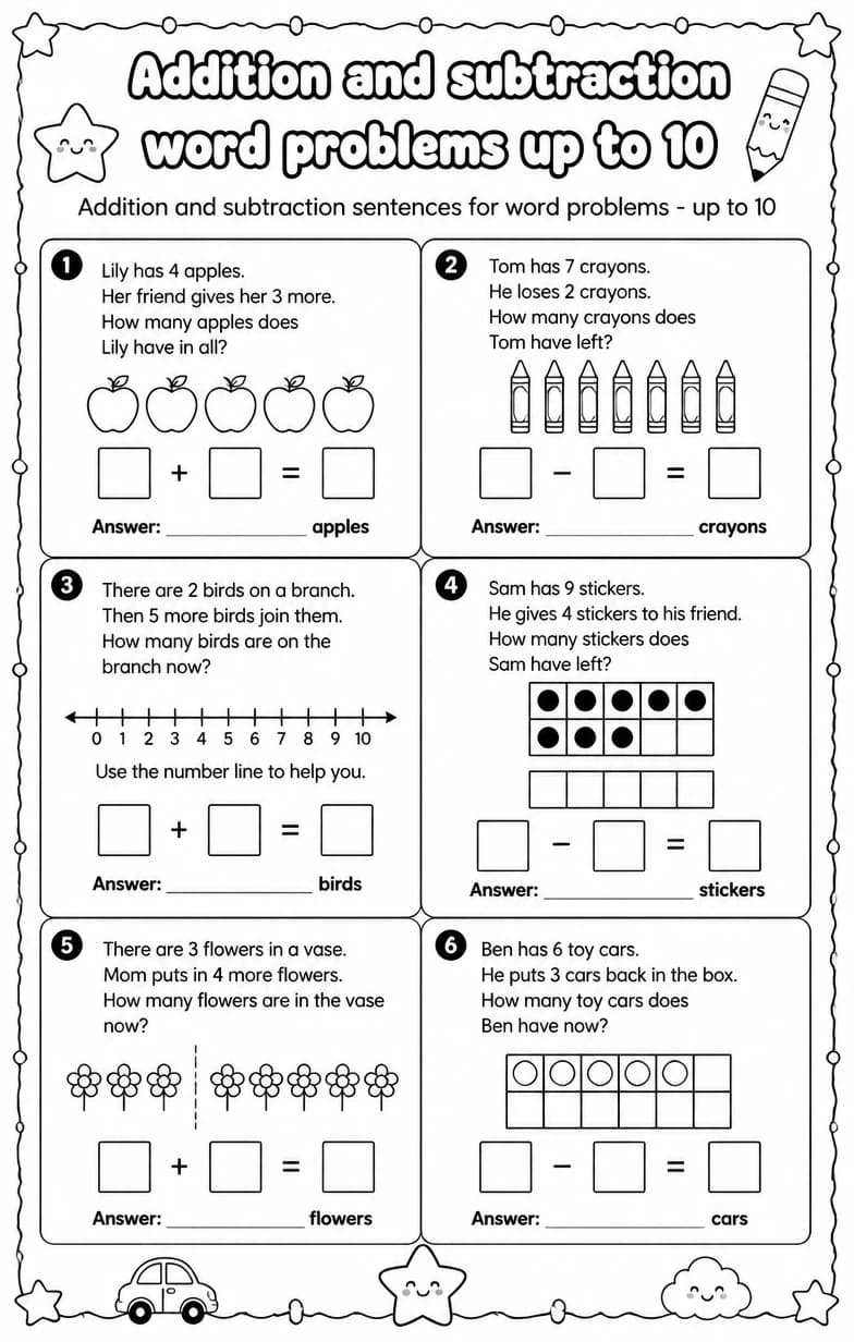 Addition and subtraction sentences for word problems - up to 10 — free printable Grade 1 math worksheet