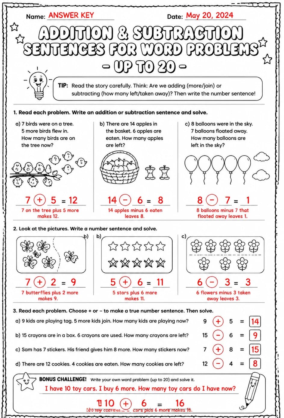 Answer key for Addition and subtraction sentences for word problems - up to 20 — free printable Math worksheet