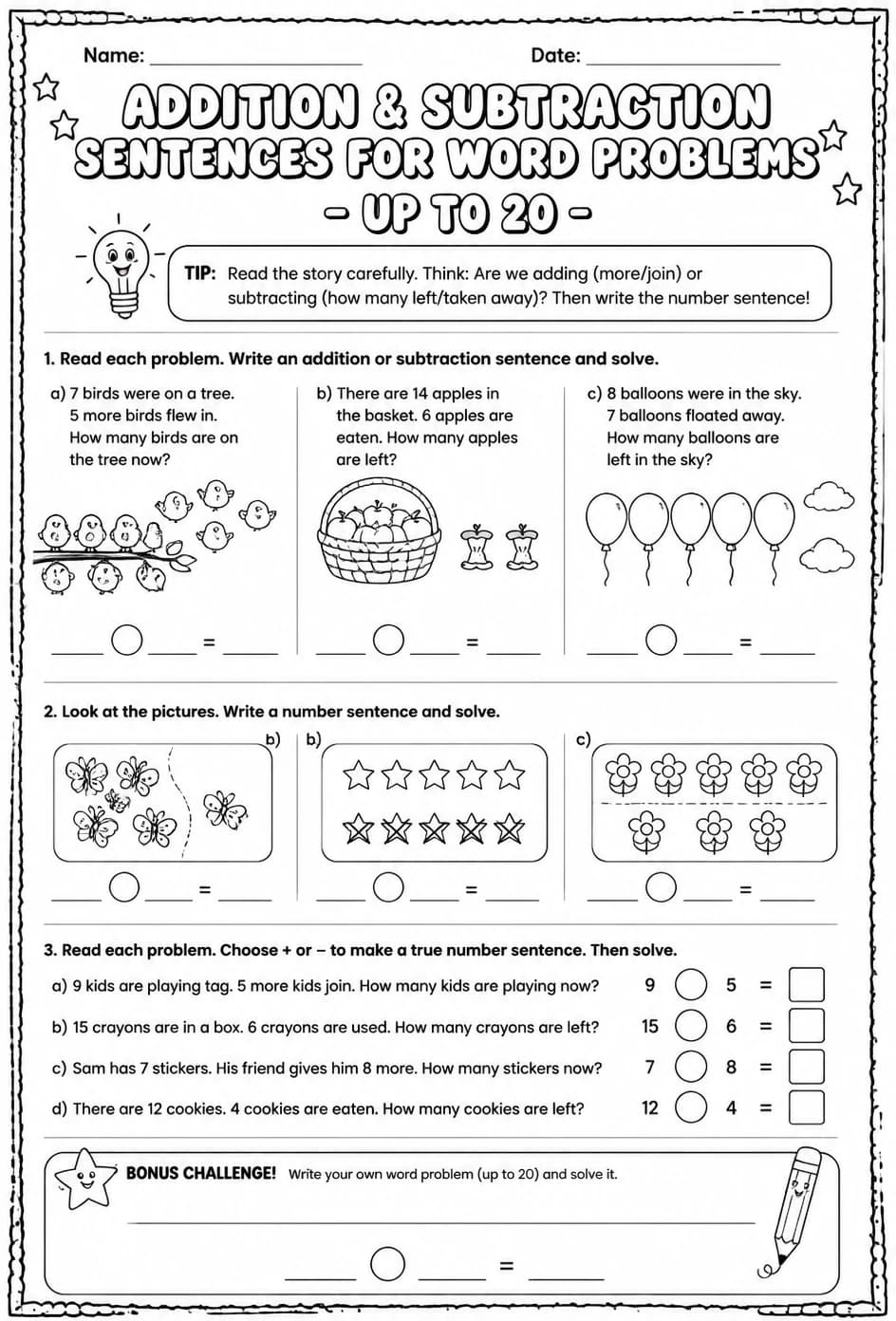 Addition and subtraction sentences for word problems - up to 20 — free printable Grade 1 math worksheet