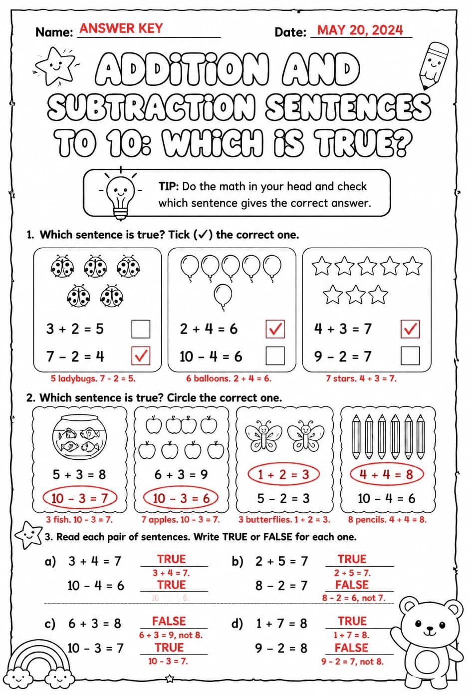 Answer key for Addition and subtraction sentences to 10: which is true? — free printable Math worksheet