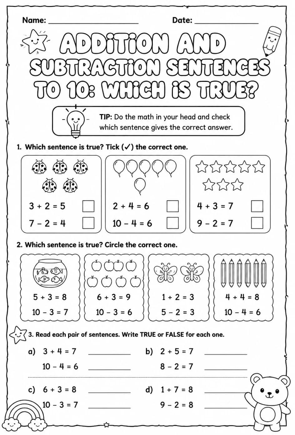 Addition and subtraction sentences to 10: which is true? — free printable Grade 1 math worksheet
