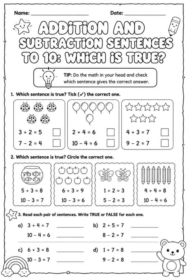 Addition and subtraction sentences to 10: which is true?