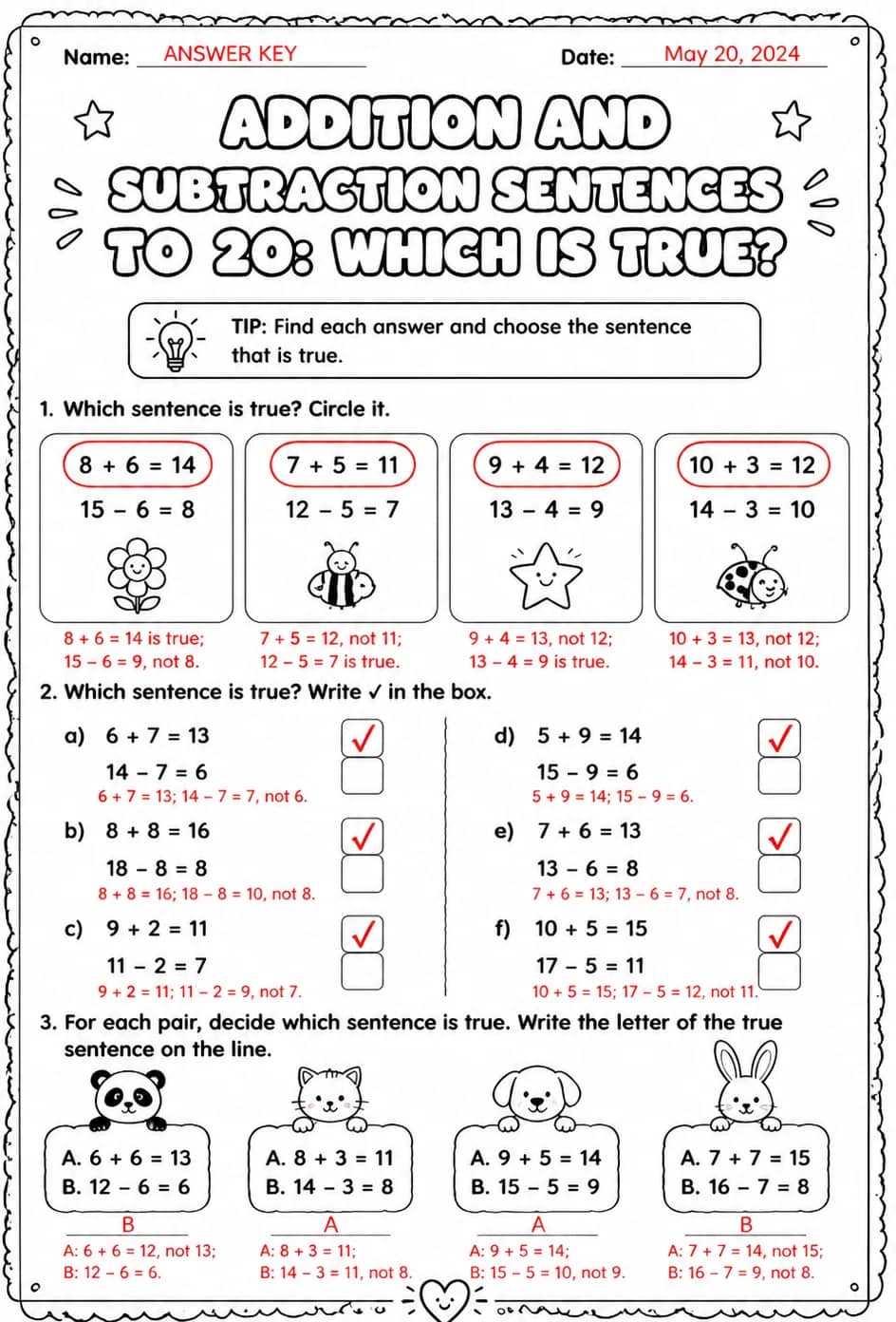 Answer key for Addition and subtraction sentences to 20: which is true? — free printable Math worksheet
