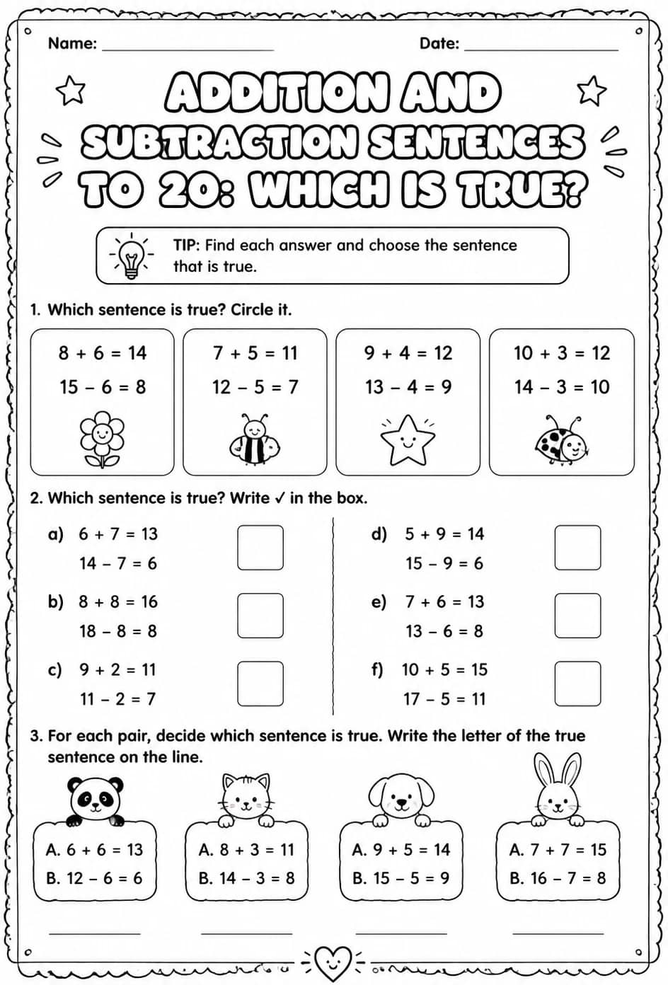Addition and subtraction sentences to 20: which is true? — free printable Grade 1 math worksheet