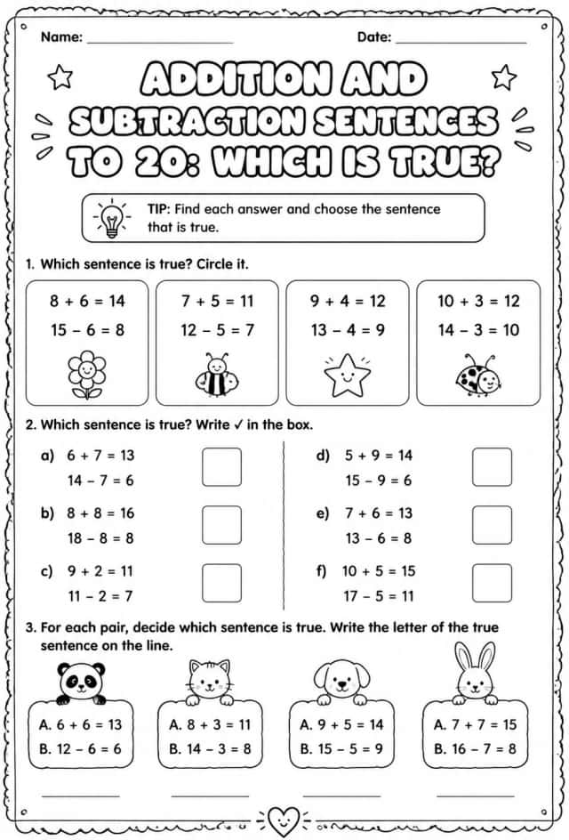 Addition and subtraction sentences to 20: which is true?