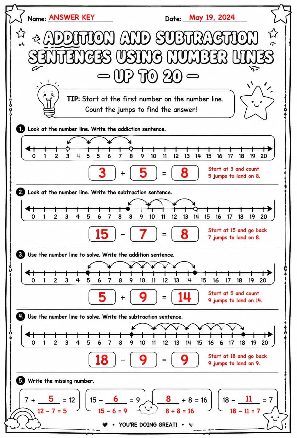 Answer key for Addition and subtraction sentences using number lines - up to 20 — free printable Math worksheet