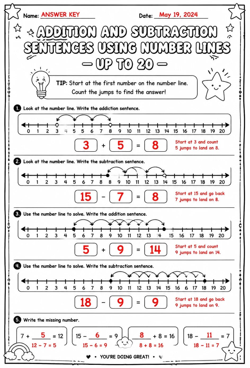 Answer key for Addition and subtraction sentences using number lines - up to 20 — free printable Math worksheet