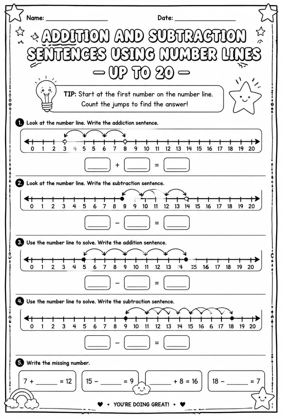Addition and subtraction sentences using number lines - up to 20 — free printable Grade 2 math worksheet