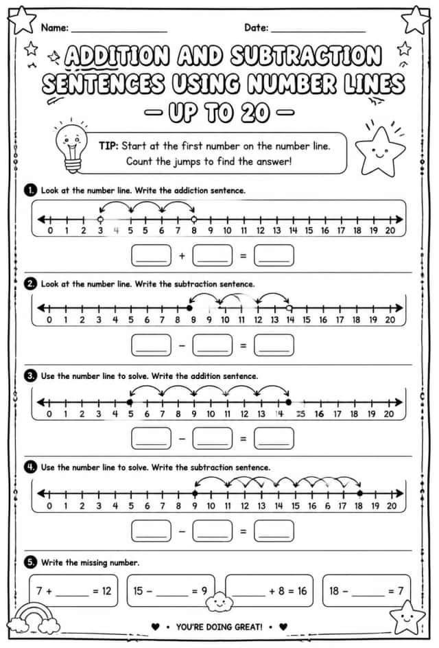Addition and subtraction sentences using number lines - up to 20