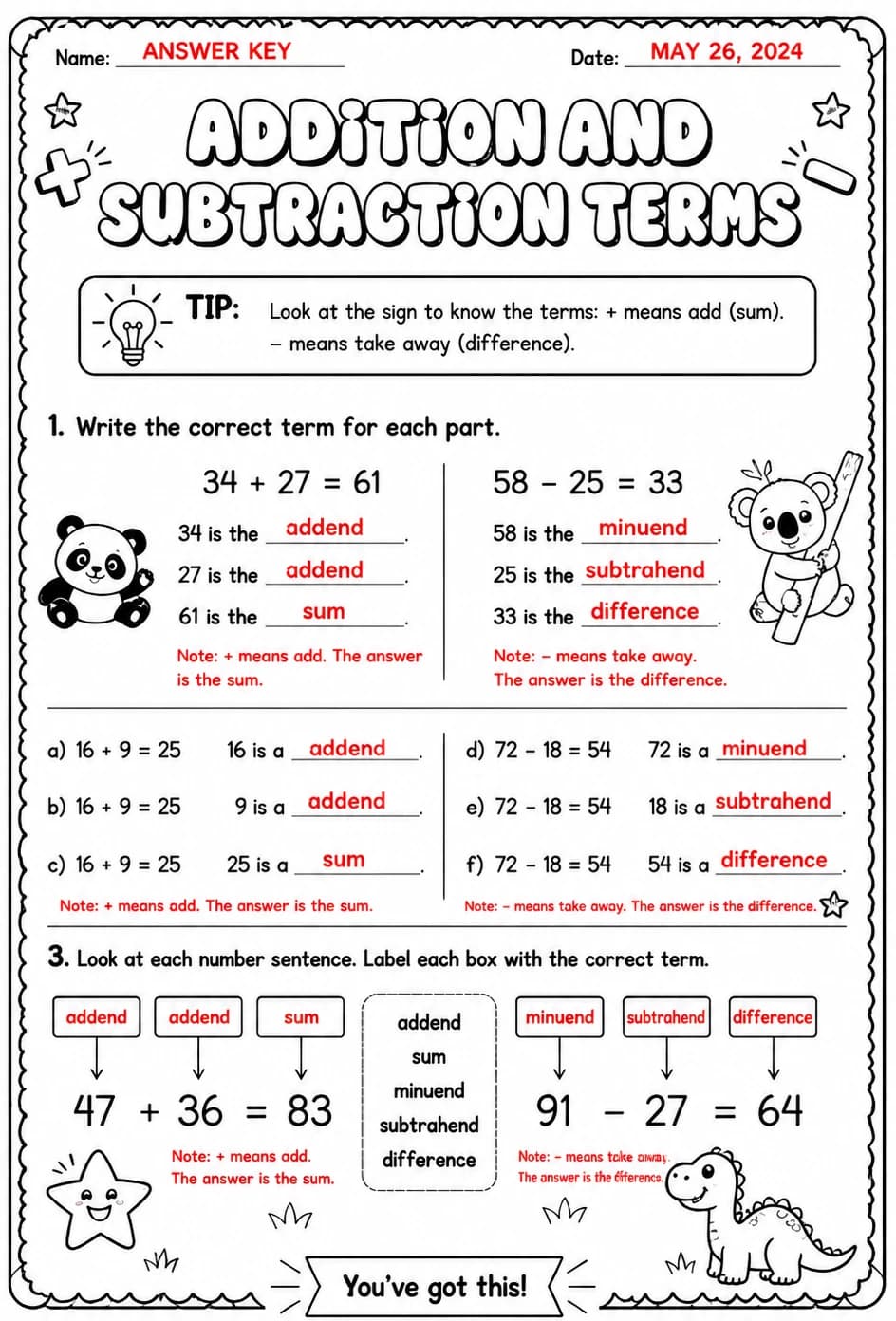 Answer key for Addition and subtraction terms — free printable Math worksheet