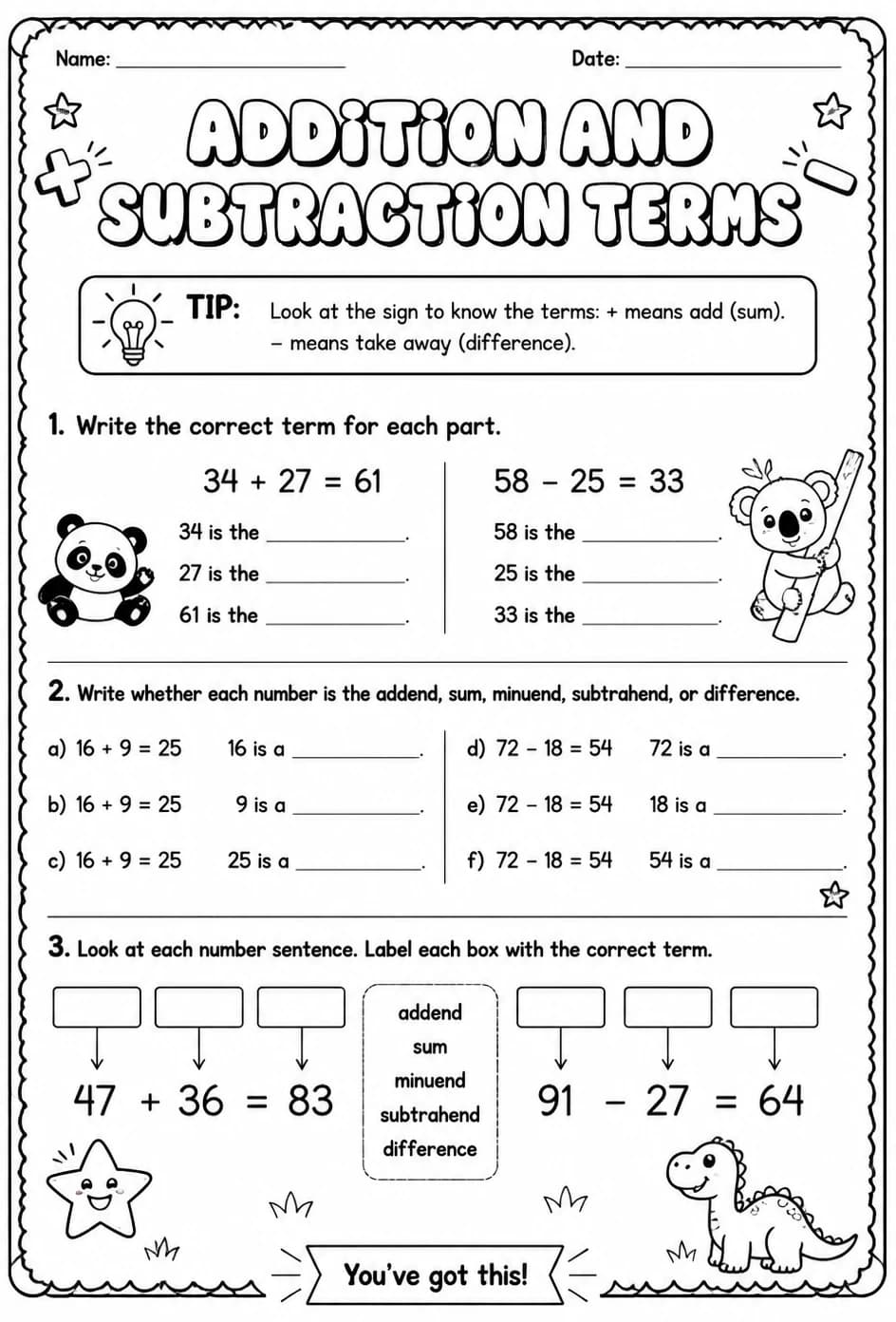 Addition and subtraction terms — free printable Grade 2 math worksheet