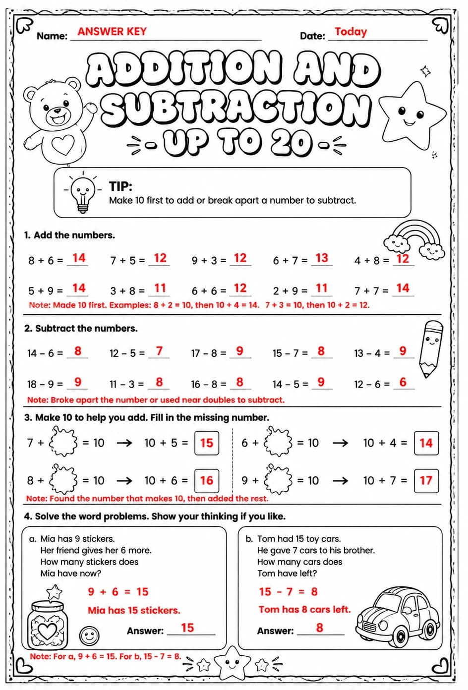 Answer key for Addition and subtraction - up to 20 — free printable Math worksheet