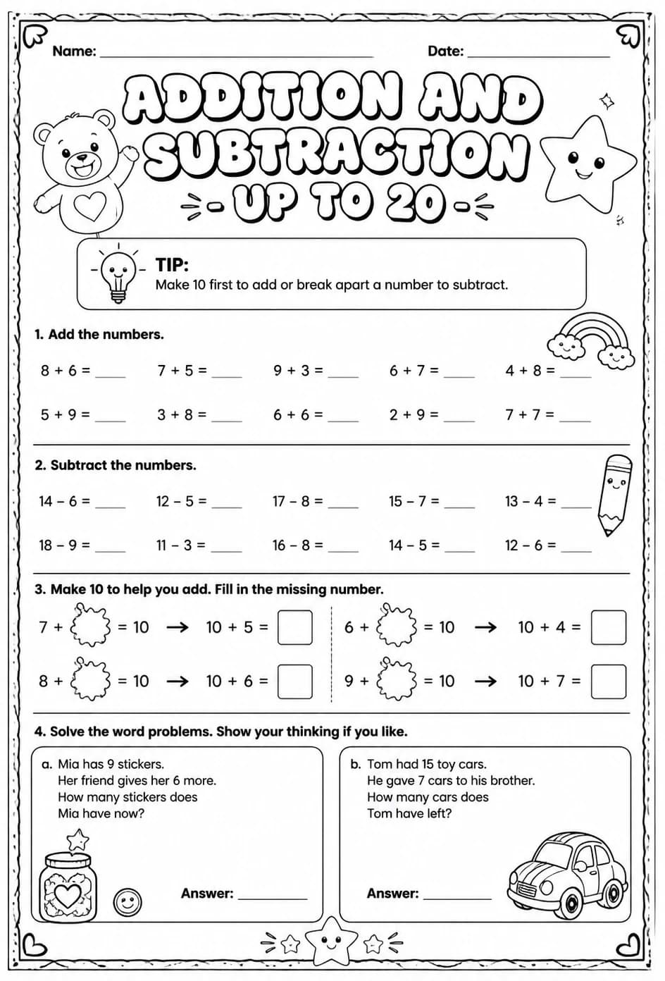 Addition and subtraction - up to 20 — free printable Grade 2 math worksheet