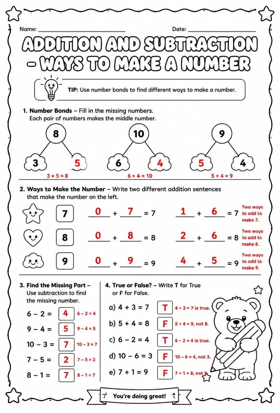 Answer key for Addition and subtraction - ways to make a number — free printable Math worksheet