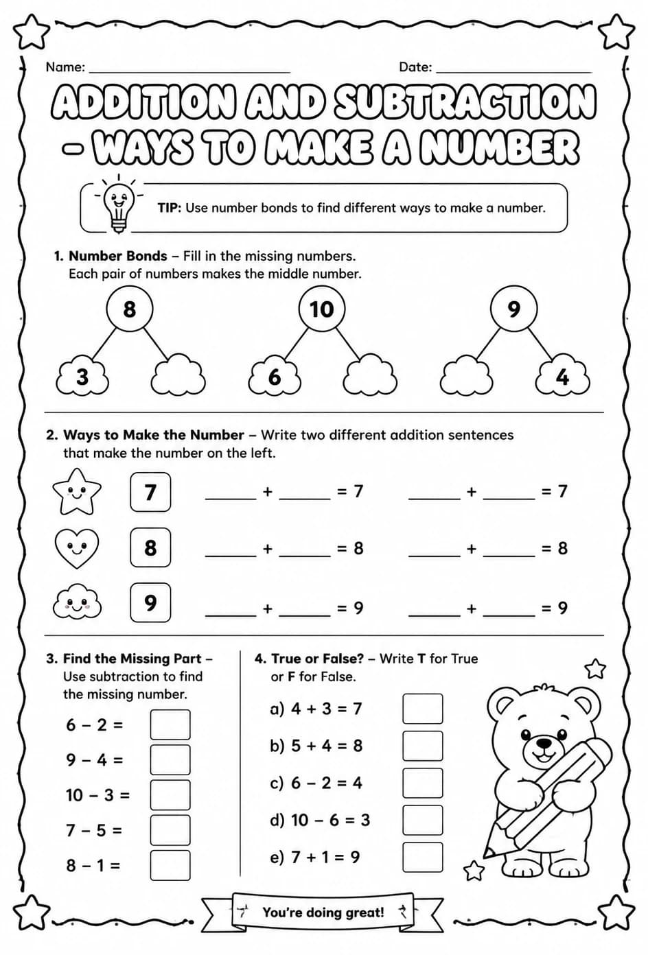 Addition and subtraction - ways to make a number — free printable Grade 1 math worksheet