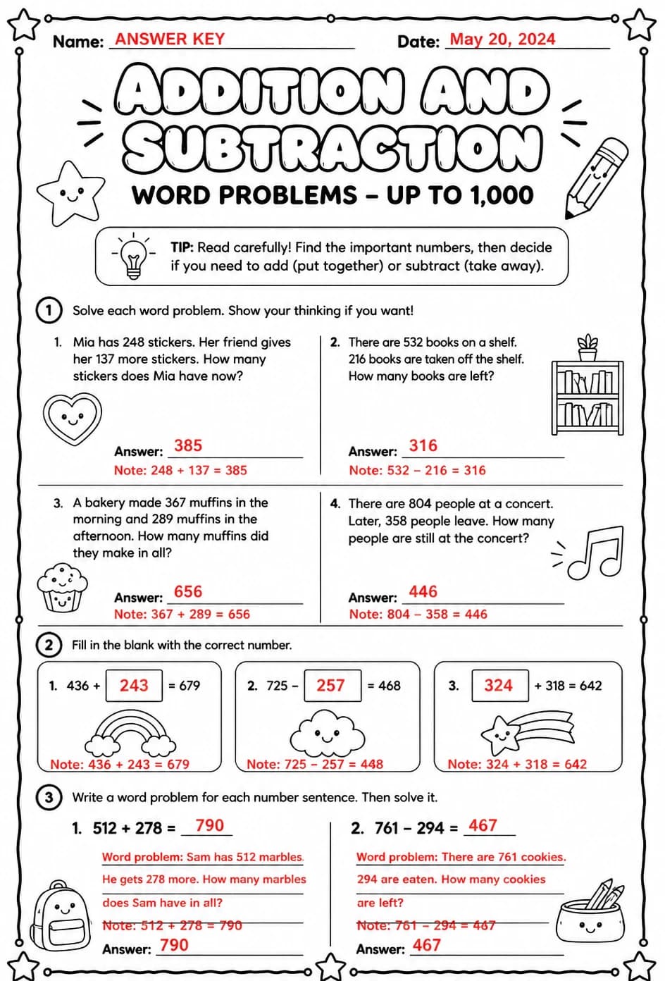 Answer key for Addition and subtraction word problems - up to 1,000 — free printable Math worksheet