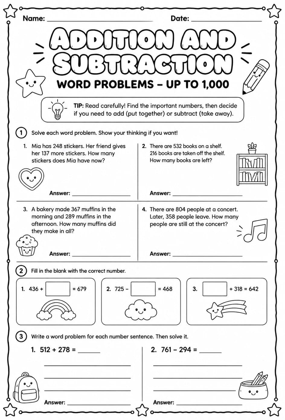 Addition and subtraction word problems - up to 1,000 — free printable Grade 2 math worksheet