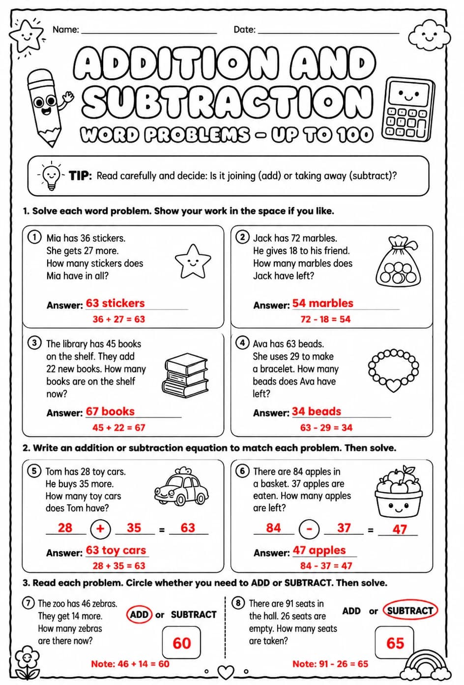 Answer key for Addition and subtraction word problems - up to 100 — free printable Math worksheet