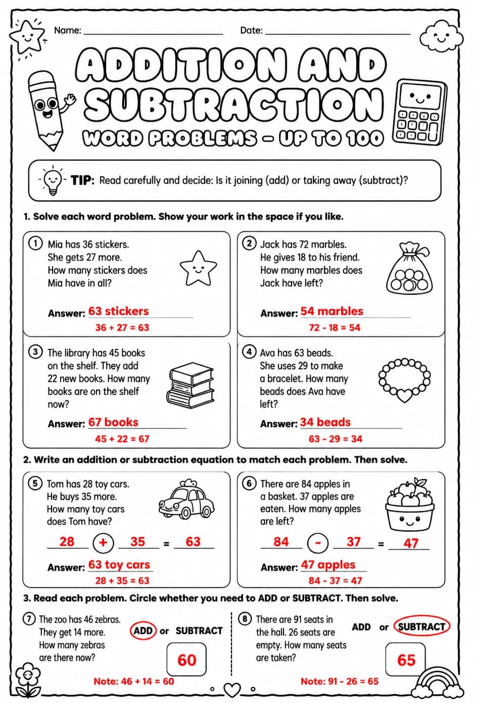 Answer key for Addition and subtraction word problems - up to 100 — free printable Math worksheet