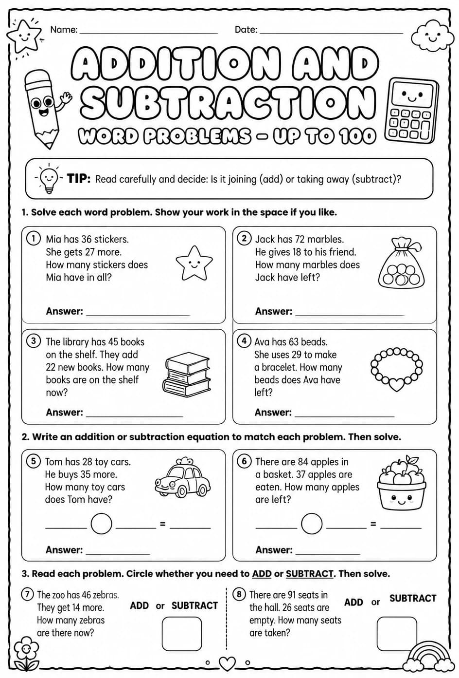 Addition and subtraction word problems - up to 100 — free printable Grade 2 math worksheet