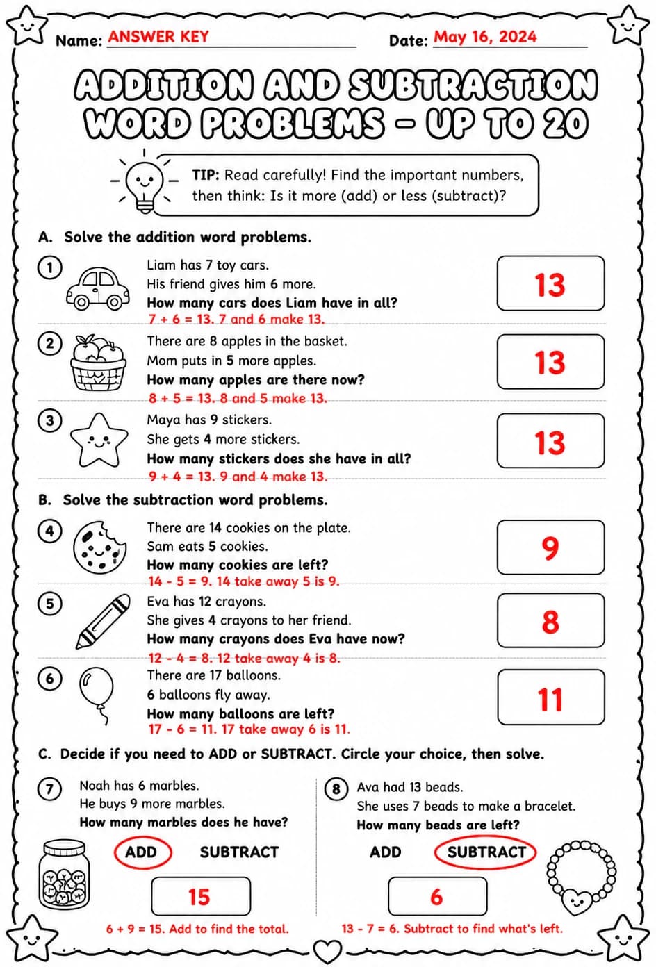 Answer key for Addition and subtraction word problems - up to 20 — free printable Math worksheet