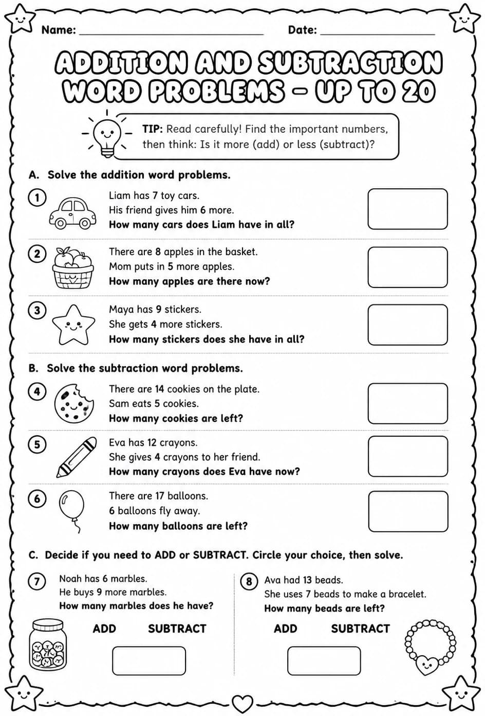 Addition and subtraction word problems - up to 20 — free printable Grade 2 math worksheet