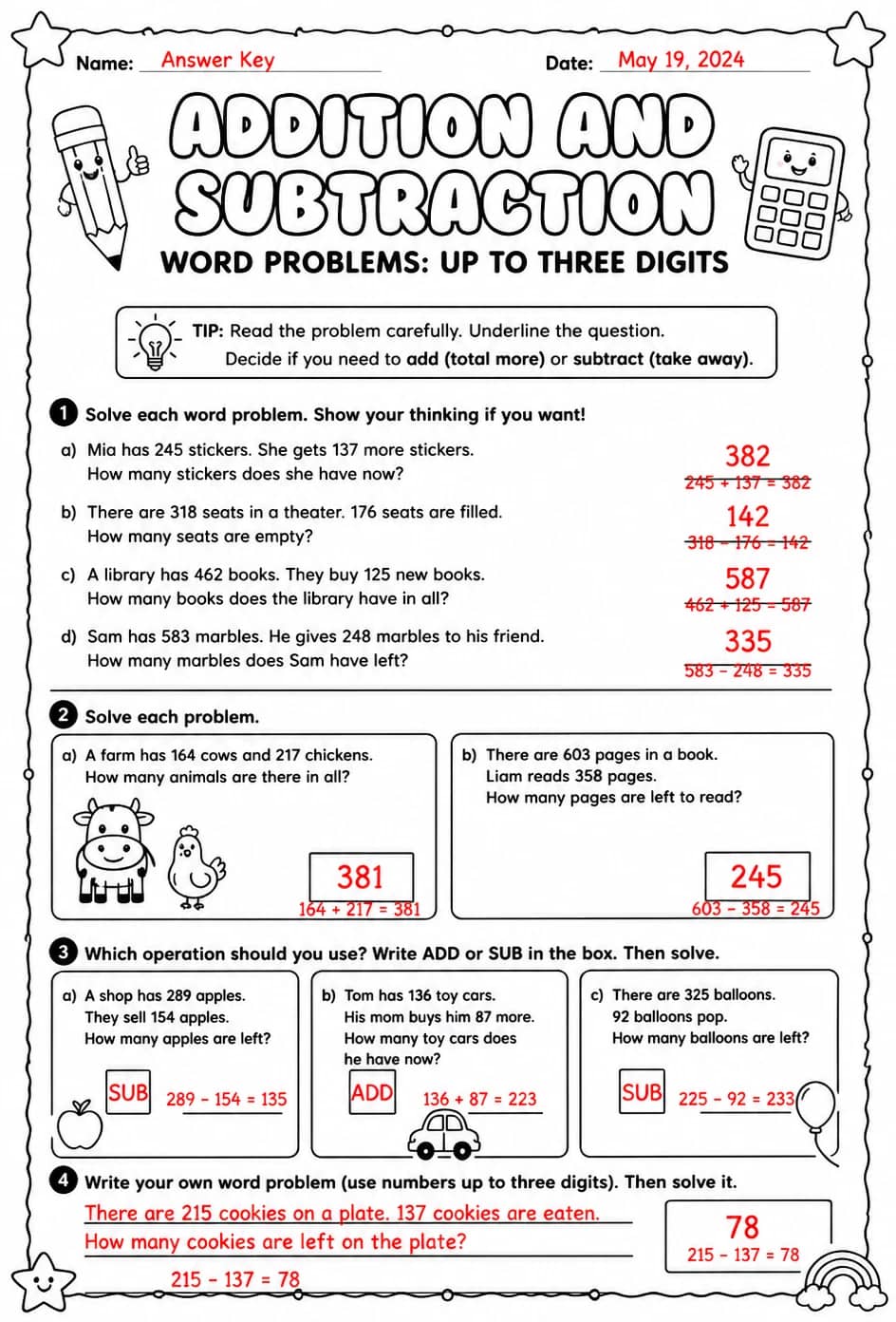 Answer key for Addition and subtraction word problems: up to three digits — free printable Math worksheet