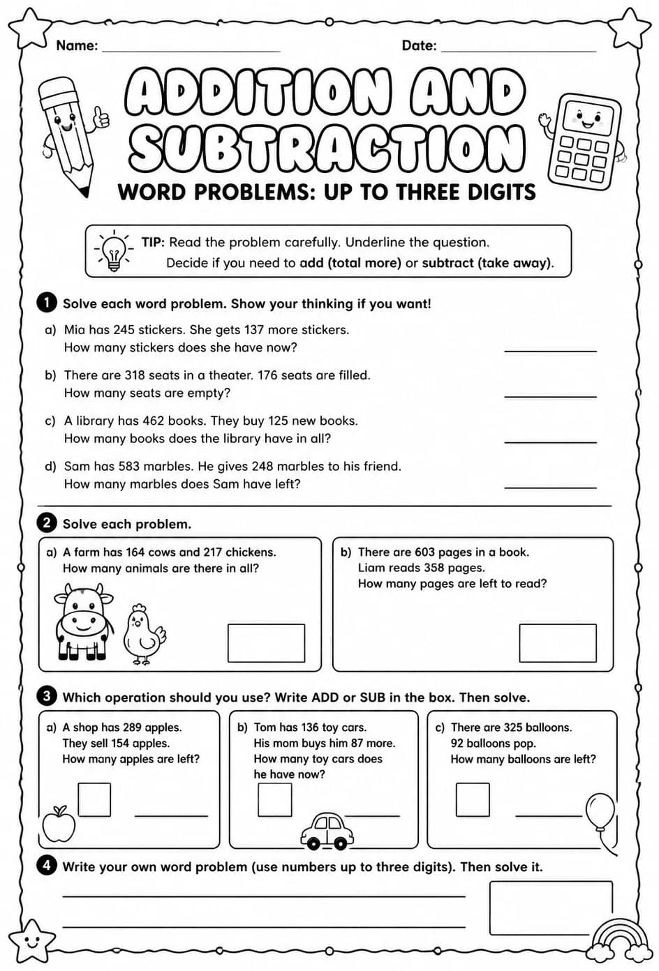 Addition and subtraction word problems: up to three digits — free printable Grade 3 math worksheet