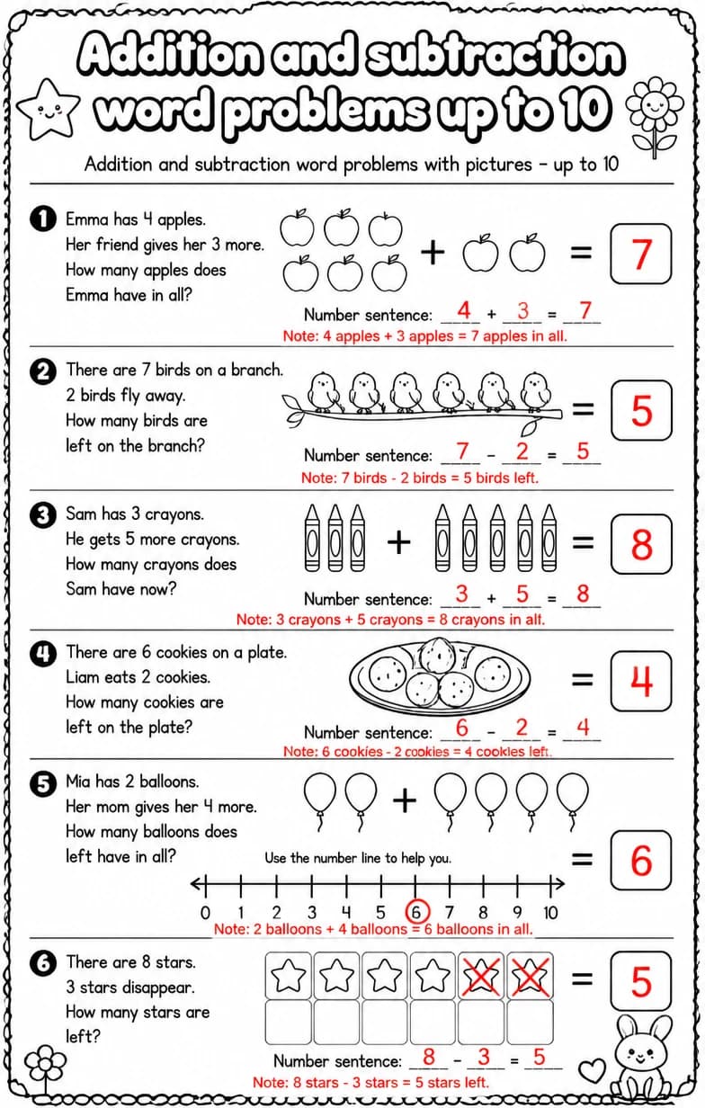 Answer key for Addition and subtraction word problems with pictures - up to 10 — free printable Math worksheet