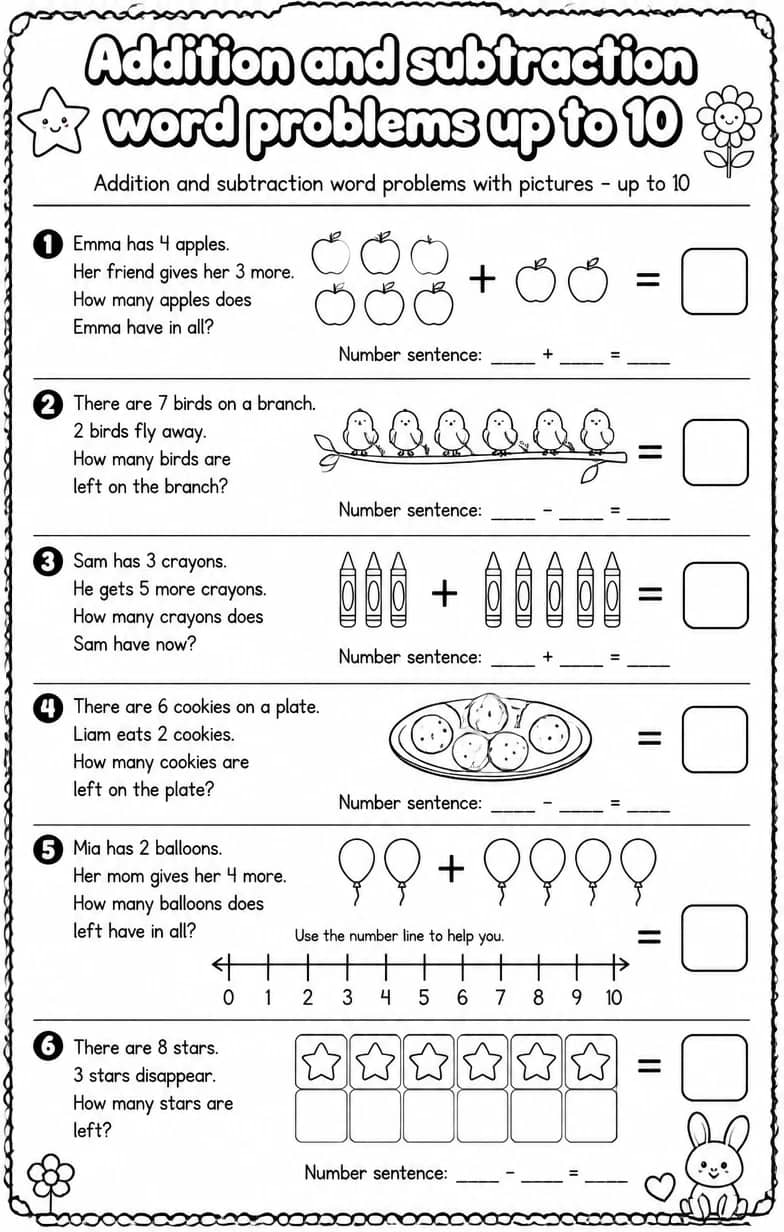 Addition and subtraction word problems with pictures - up to 10 — free printable Grade 1 math worksheet