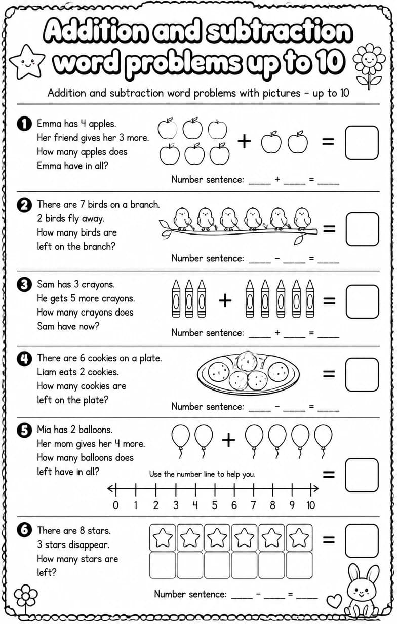 Addition and subtraction word problems with pictures - up to 10 — free printable Grade 1 Math worksheet