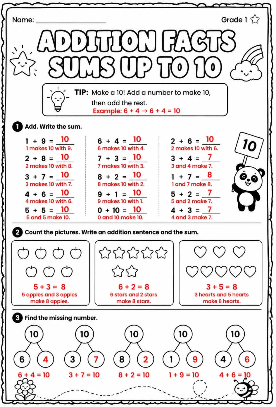 Answer key for Addition facts - sums up to 10 — free printable Math worksheet