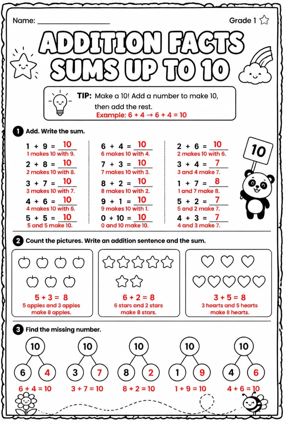 Answer key for Addition facts - sums up to 10 — free printable Math worksheet