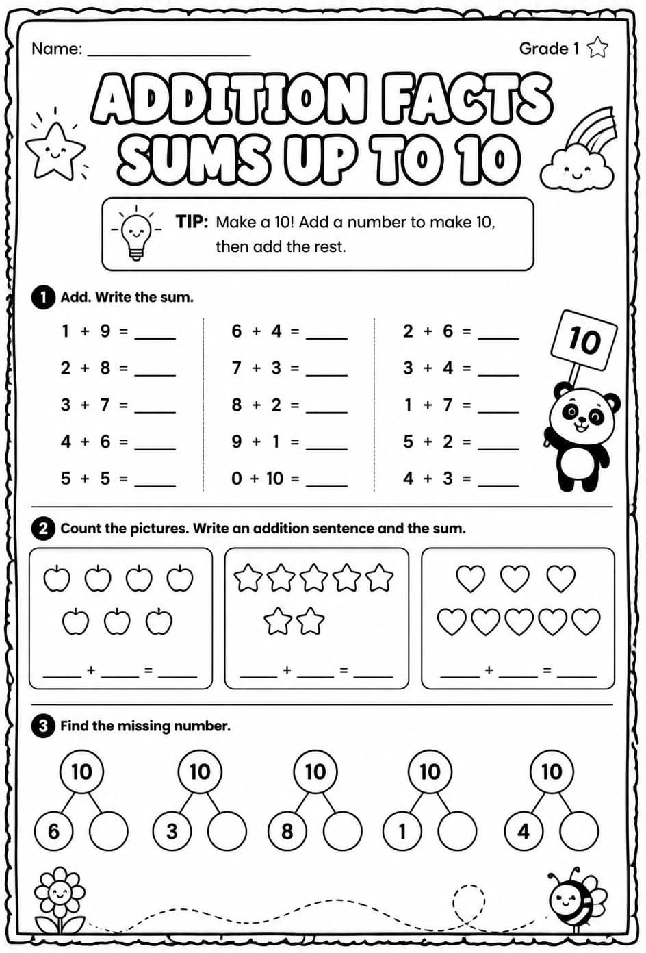 Addition facts - sums up to 10 — free printable Grade 1 math worksheet