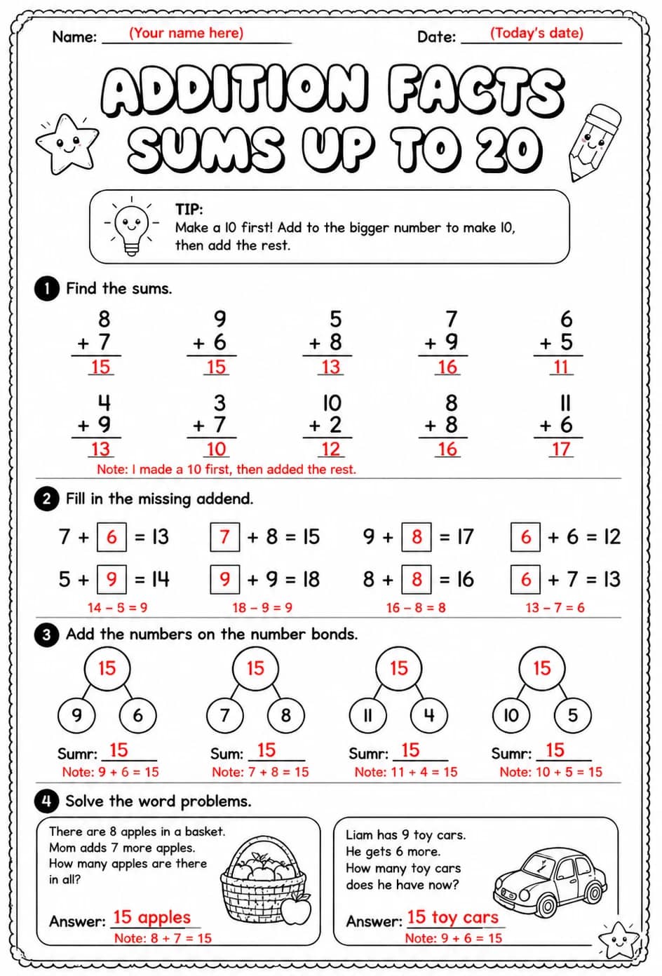 Answer key for Addition facts - sums up to 20 — free printable Math worksheet