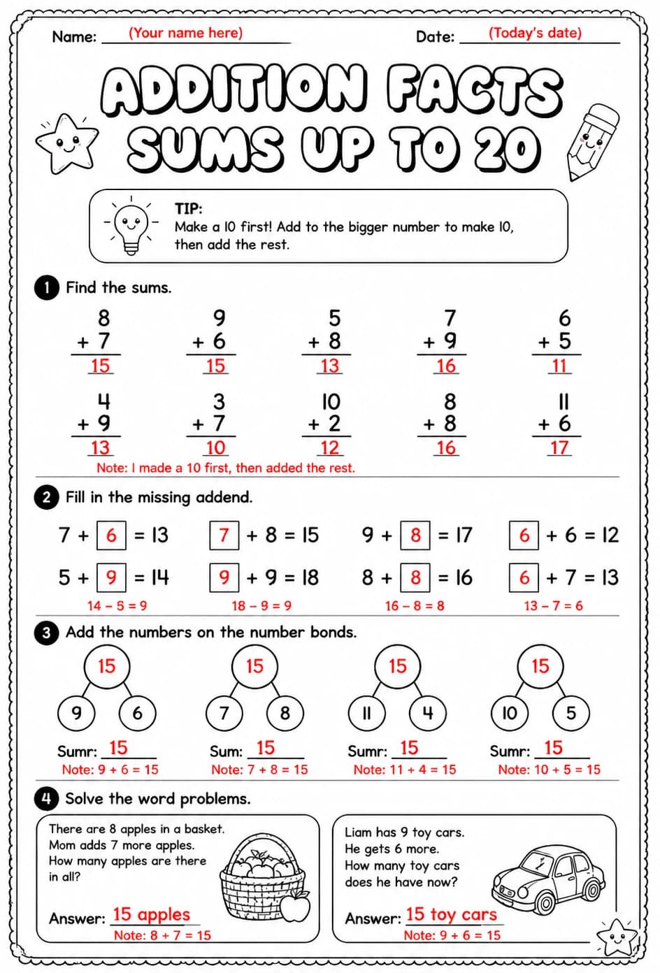 Answer key for Addition facts - sums up to 20 — free printable Math worksheet